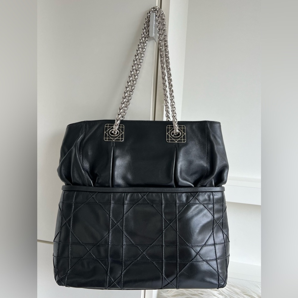 Authentic - Christian Dior Black Cannage Leather Granville Chain Link Tote